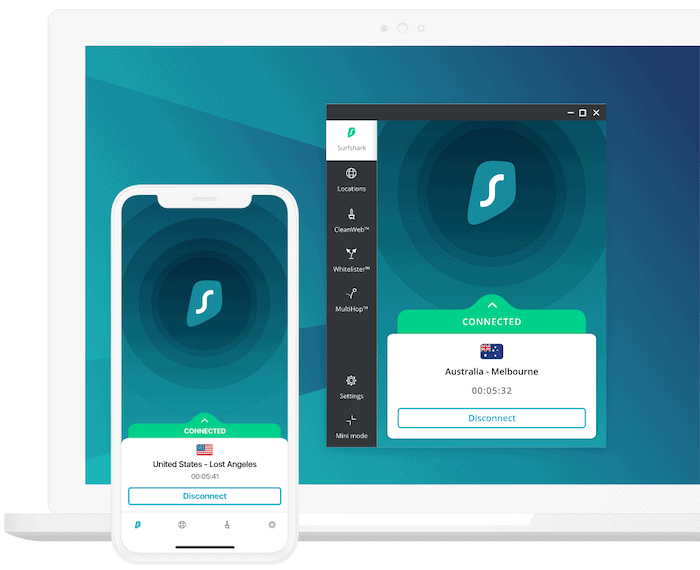 Surfshark apps on a laptop and a phone